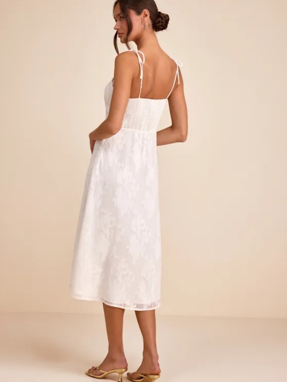 Lulus Loveliest Looks White Floral Jacquard Tie-Strap Midi Dress New Medium - Picture 7 of 12
